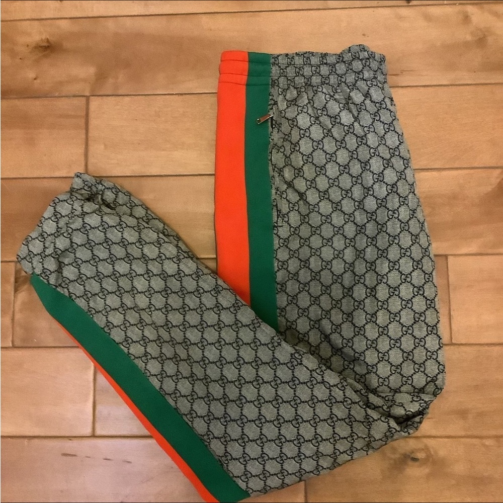 Gucci Gray and Green Sweatpants with Iconic Monogram